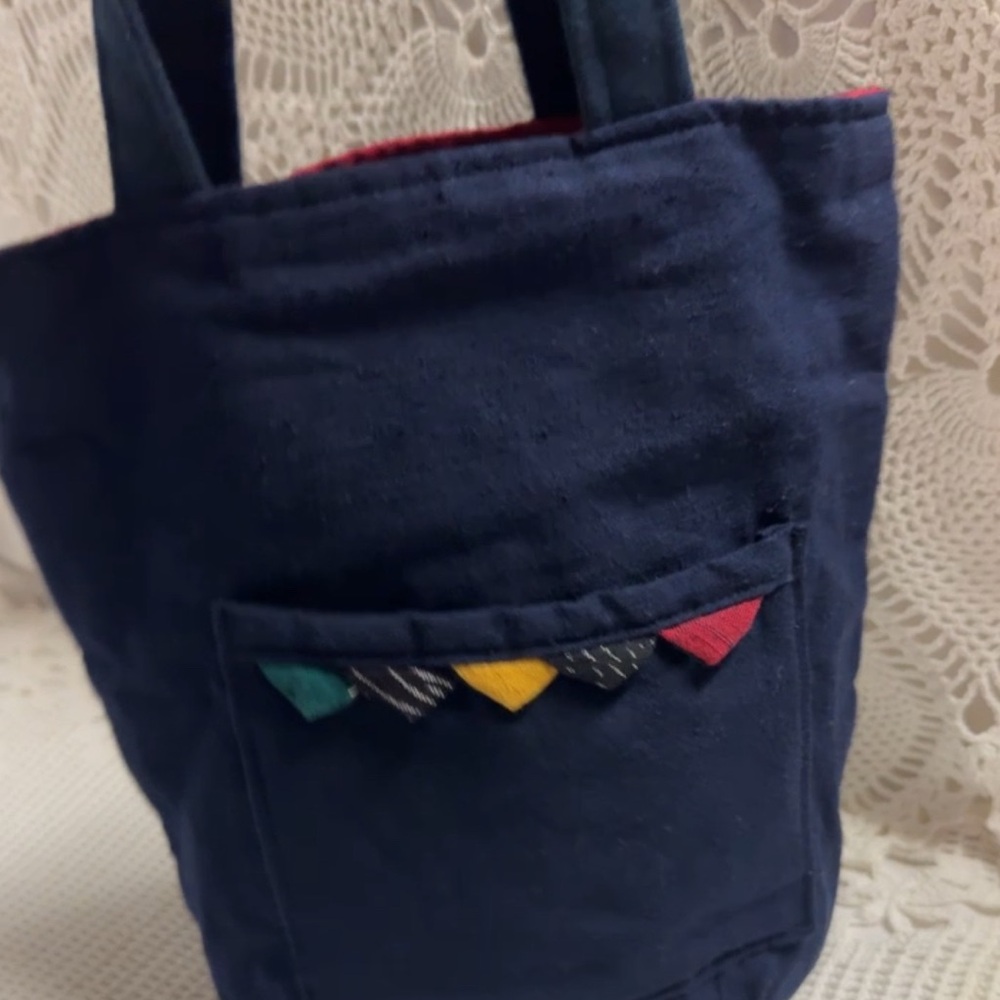 BOHO Fabric Reversible Mini Tote Bag Pockets Dual Handle Travel Folds Red Blue - Picture 5 of 14